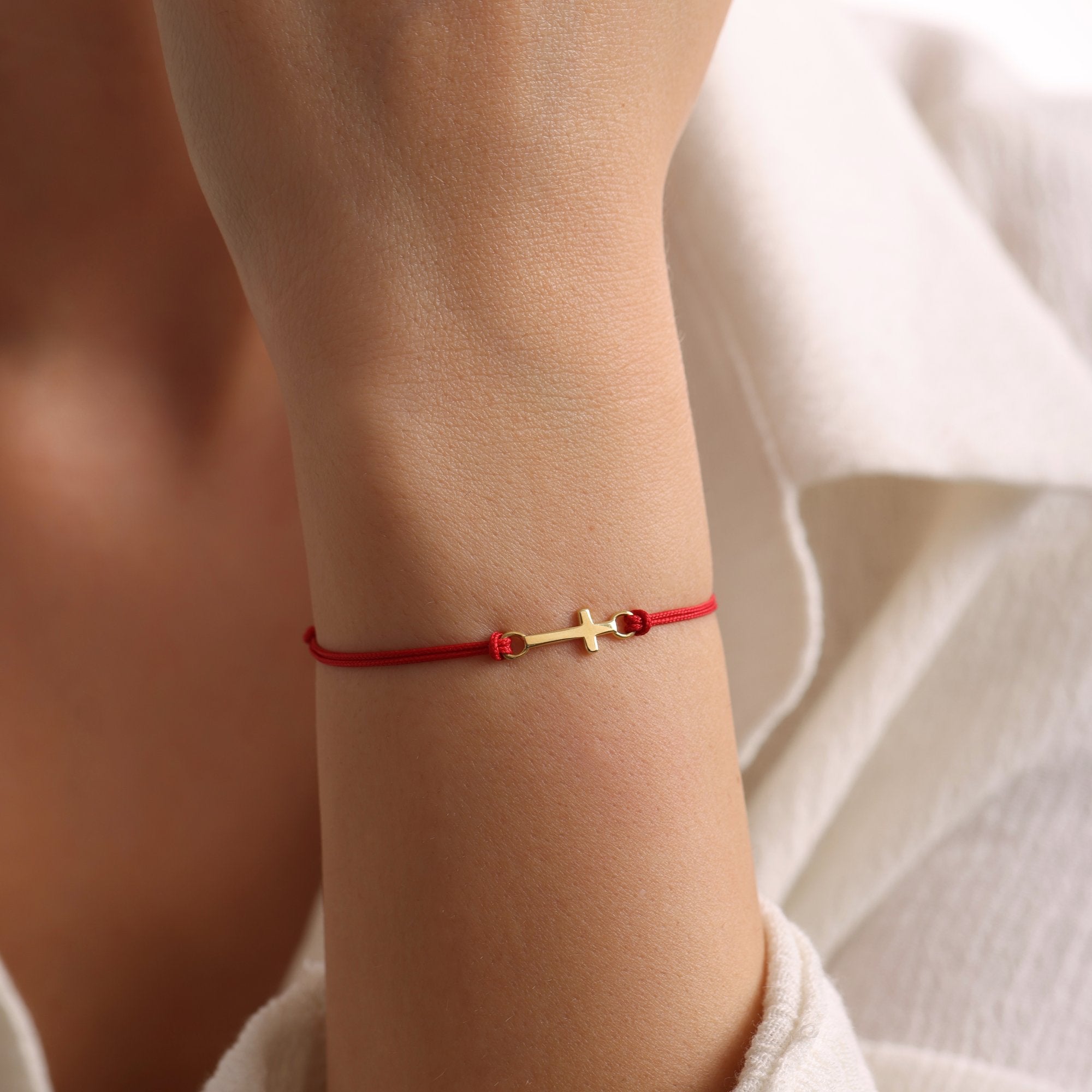 14K Gold Cross Bracelet With Red String