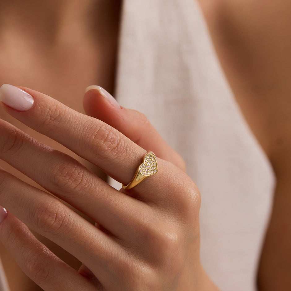 14K Gold Delicate Gold Heart Ring with Pave CZ Detail