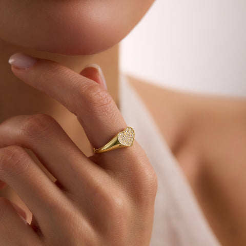 14K Gold Delicate Gold Heart Ring with Pave CZ Detail