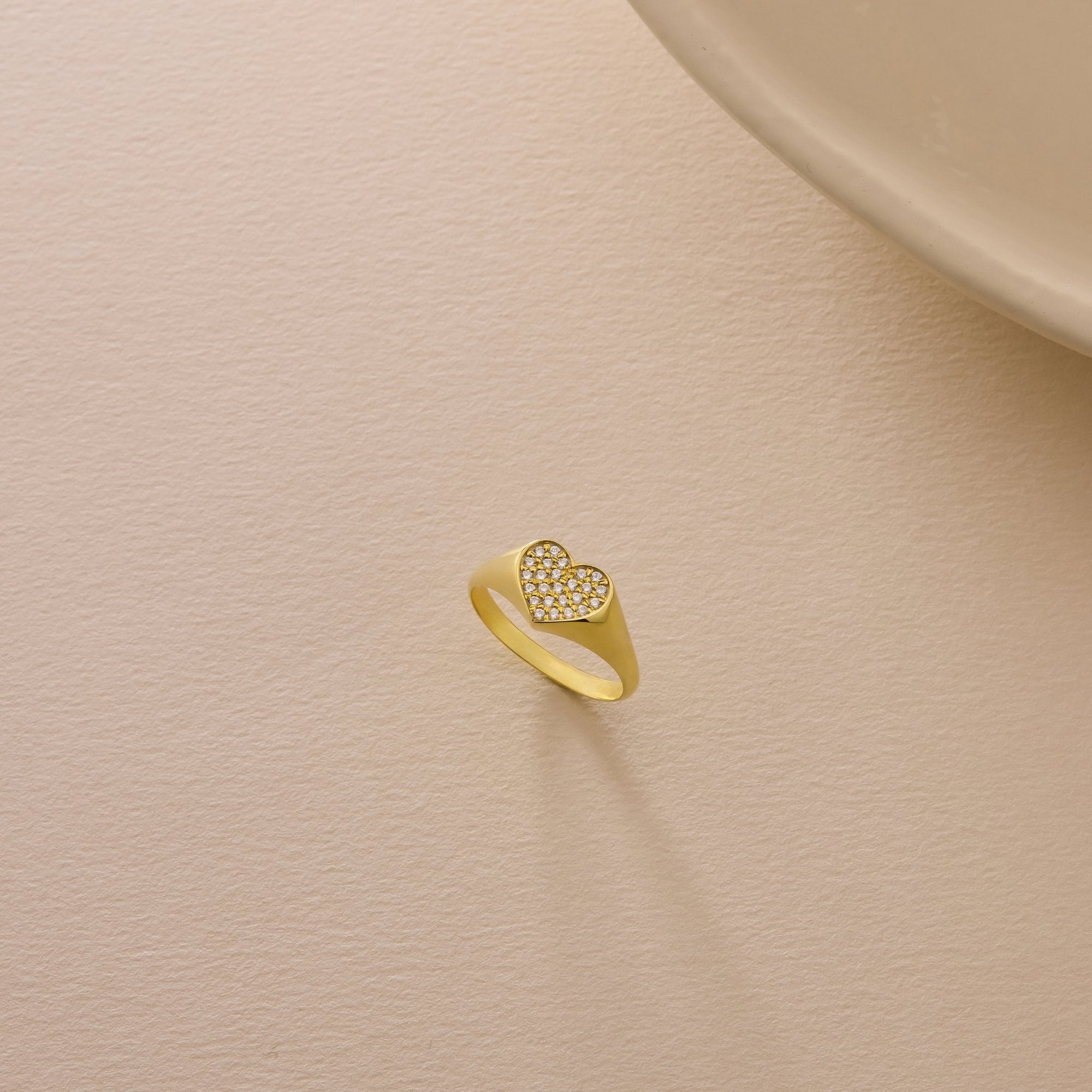 14K Gold Delicate Gold Heart Ring with Pave CZ Detail