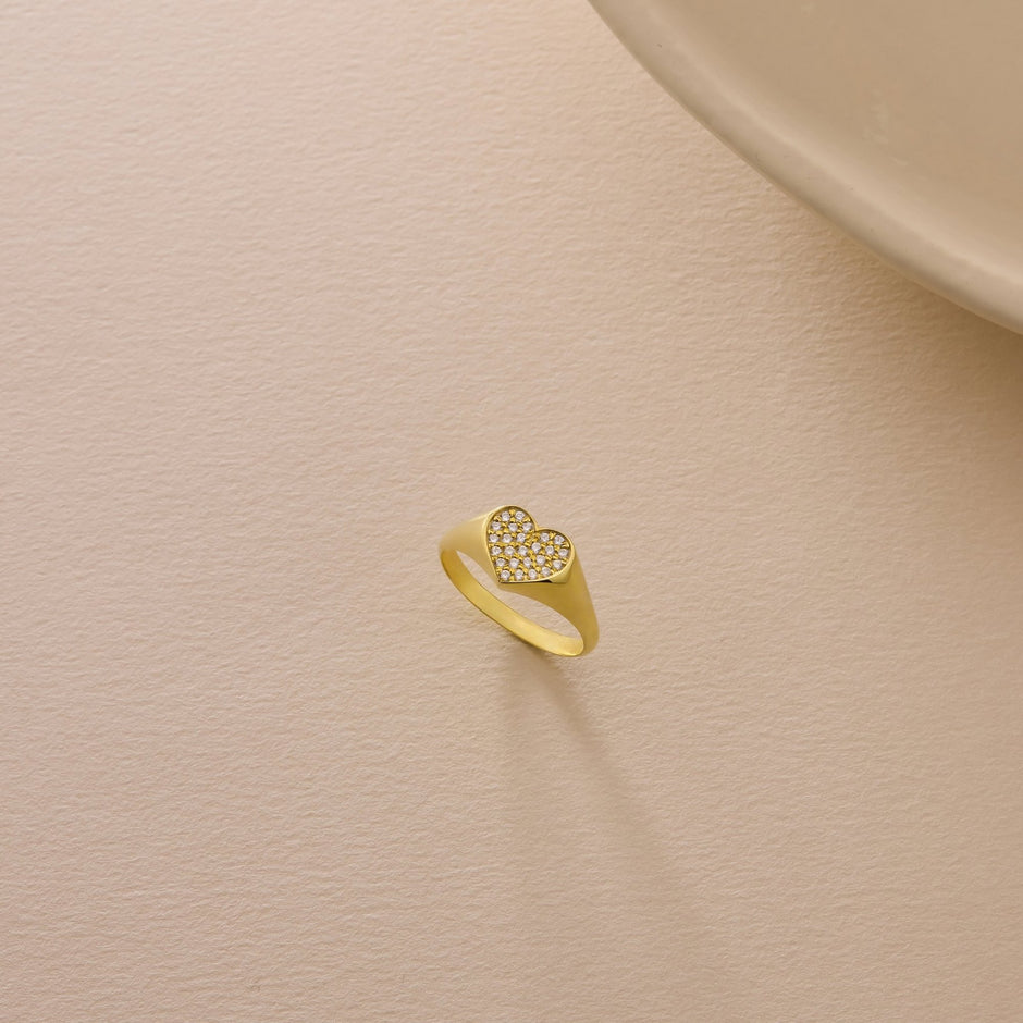 14K Gold Delicate Gold Heart Ring with Pave CZ Detail