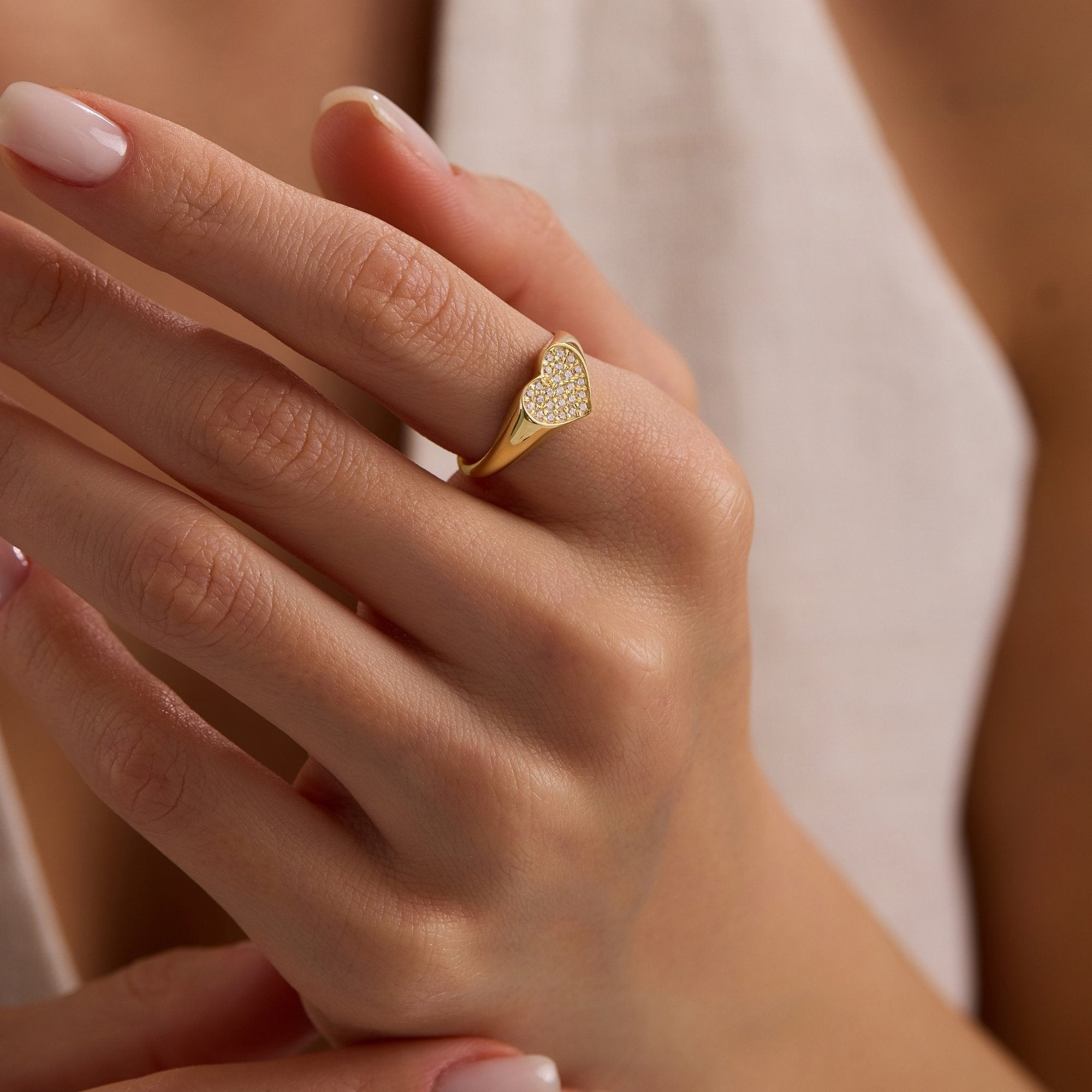 14K Gold Delicate Gold Heart Ring with Pave CZ Detail