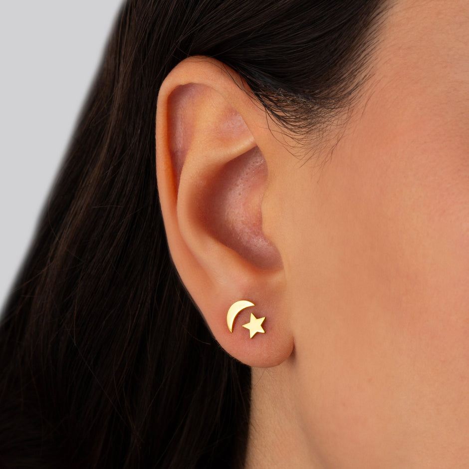 14K Gold Moon and Star Stud Earrings