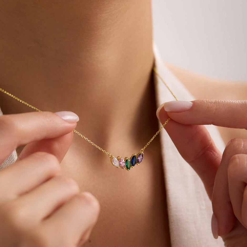 Birthstone Necklace in 14K Solid Gold, Custom Multi Stone Pendant